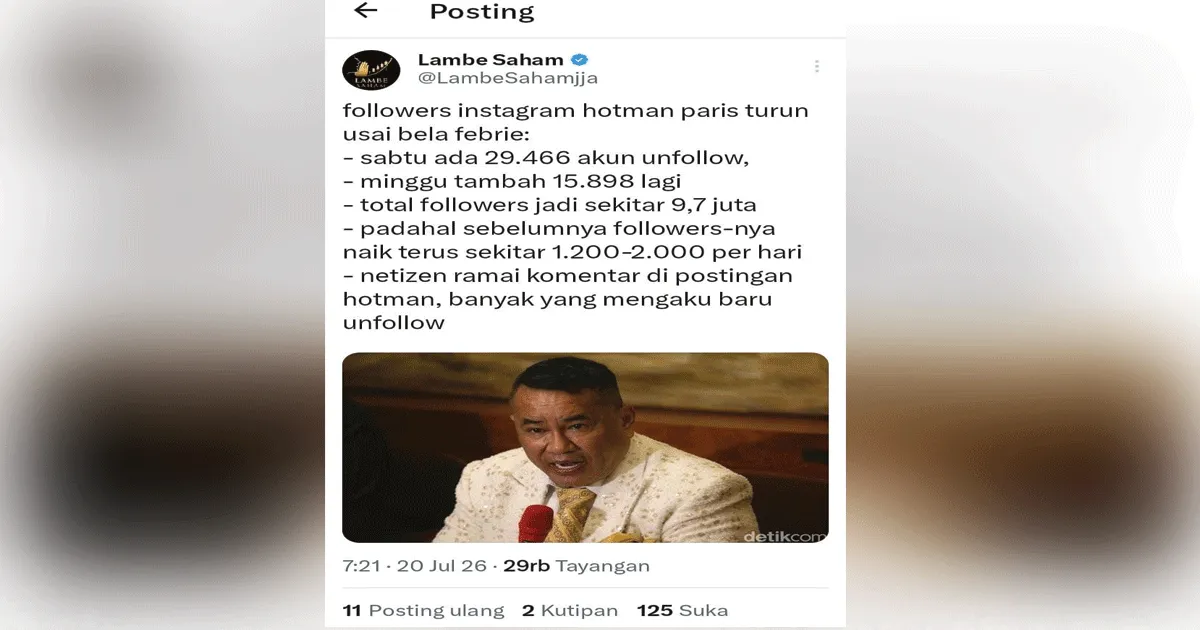Tagar Unfollow Hotman Paris Viral, Warganet Klaim Pengikut Turun usai Dampingi Febrie Adriyansyah 1 Tagar Unfollow Hotman Paris Viral, Warganet Klaim Pengikut Turun usai Dampingi Febrie Adriyansyah