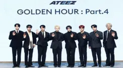 Anggota Ateez berpose di konferensi pers perilisan mini album “Golden Hour: Part. 4” di Seoul.
