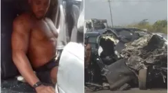 Petinju Anthony Joshua dibantu keluar dari SUV yang hancur setelah kecelakaan di Nigeria.