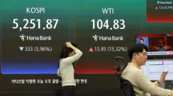 Papan informasi saham di kantor pusat Hana Bank Seoul menampilkan indeks KOSPI dan lonjakan harga minyak WTI di atas US$100 per barel.