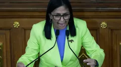 Delcy Rodriguez menyampaikan pidato kenegaraan pertamanya di Majelis Nasional Venezuela, Caracas, pada 15 Januari 2026.