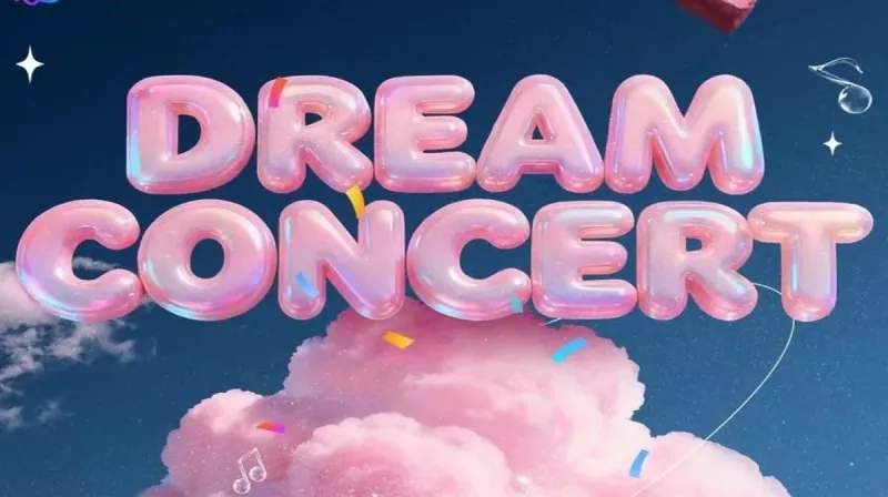 Ilustrasi “Dream Concert” dengan huruf balon berwarna pink di atas latar langit dan awan, melambangkan acara konser K-pop berskala internasional.