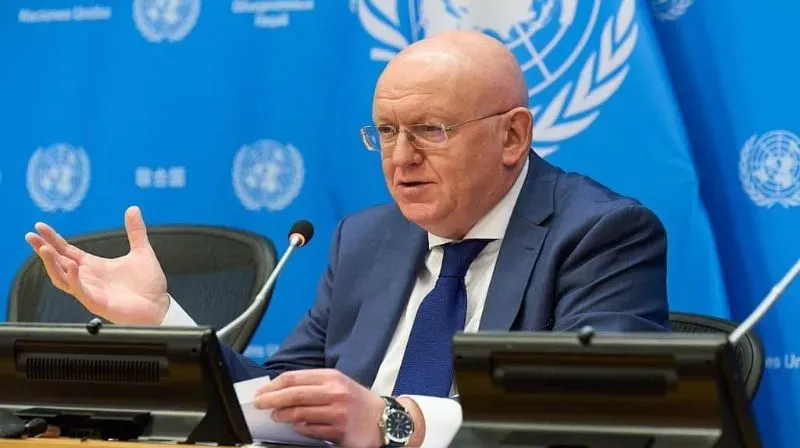 Duta Besar Rusia untuk PBB Vassily Nebenzia berbicara di ruang Dewan Keamanan PBB, menyerukan pembebasan Presiden Venezuela Nicolas Maduro oleh Amerika Serikat.