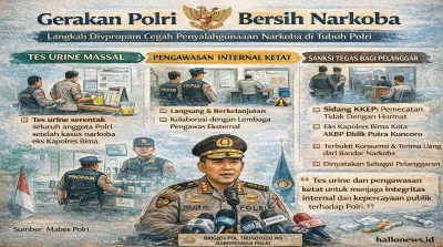 Infografis Gerakan Polri Bersih Narkoba menampilkan langkah Divpropam Polri dalam melakukan tes urine serentak, pengawasan internal ketat, dan pemberian sanksi tegas terhadap pelanggar demi menjaga integritas institusi.