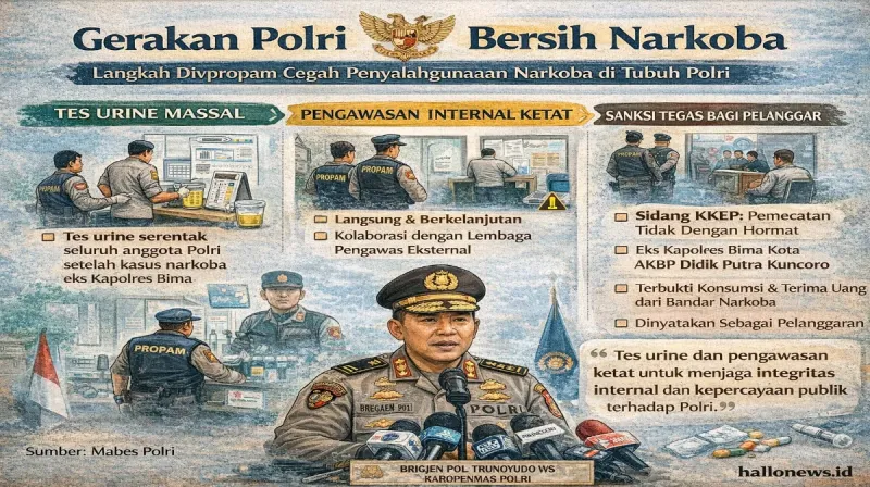 Infografis Gerakan Polri Bersih Narkoba menampilkan langkah Divpropam Polri dalam melakukan tes urine serentak, pengawasan internal ketat, dan pemberian sanksi tegas terhadap pelanggar demi menjaga integritas institusi.