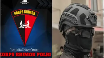Kolase ilustrasi menampilkan logo Kesatuan Brimob Polri dan helm taktikal sebagai simbol pemberitaan kasus dugaan penganiayaan di Tual, Maluku.