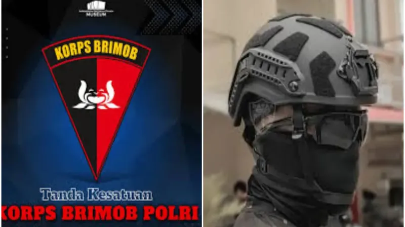 Kolase ilustrasi menampilkan logo Kesatuan Brimob Polri dan helm taktikal sebagai simbol pemberitaan kasus dugaan penganiayaan di Tual, Maluku.