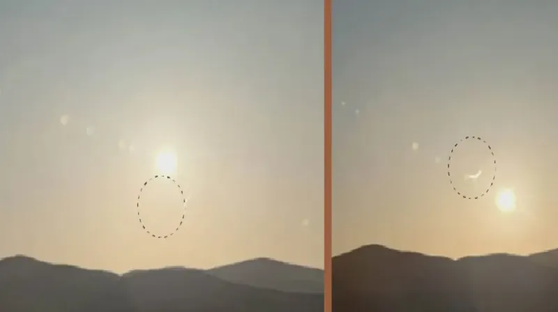 Penampakan hilal tipis di atas pegunungan saat matahari terbenam di langit Makkah, menandai awal Ramadan 2026.