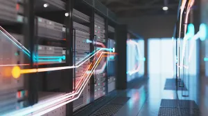 Ilustrasi ruang server data center dengan jaringan data digital berkecepatan tinggi.