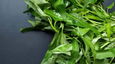 Tumpukan sayuran kangkung segar di pasar, simbol bahan pangan populer yang jarang disajikan dalam menu rumah sakit karena alasan medis.
