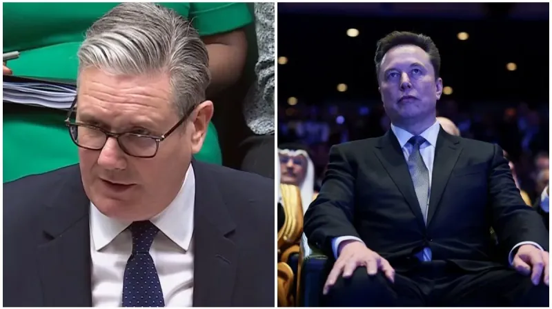 Kolase Perdana Menteri Inggris Keir Starmer dan Elon Musk, pemilik platform X, terkait polemik penggunaan chatbot AI Grok dan tuntutan kepatuhan terhadap hukum Inggris.