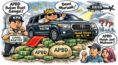 Karikatur mobil dinas Rp8,5 miliar bertuliskan “Gubernur Kaltim” berdiri di atas tumpukan uang APBD, disorot kritik KPK dan warga yang mempertanyakan penggunaan anggaran daerah.