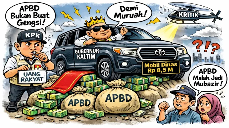 Karikatur mobil dinas Rp8,5 miliar bertuliskan “Gubernur Kaltim” berdiri di atas tumpukan uang APBD, disorot kritik KPK dan warga yang mempertanyakan penggunaan anggaran daerah.