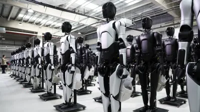 Robot industri bekerja di lini produksi pabrik manufaktur di Shanghai sebagai bagian dari pengembangan teknologi dan otomasi industri China.