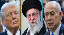 Kolase foto Donald Trump, Ali Khamenei, dan Benjamin Netanyahu terkait laporan kematian pemimpin tertinggi Iran pada 1 Maret 2026.